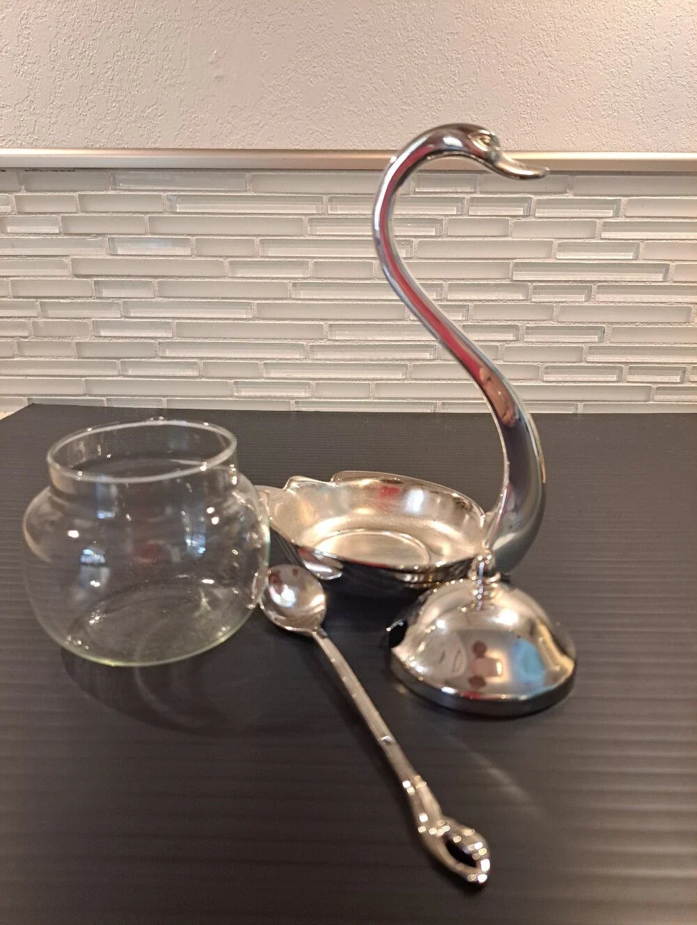 Vtg Elegance Silverware Jam Set Silver Plated Glass Swan W/ Cover And Spoon